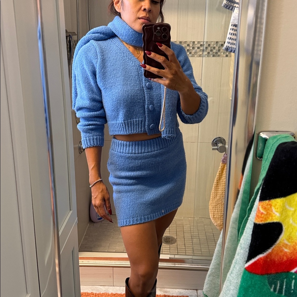 Blue Knit Cardigan and Skirt Set w/scarf